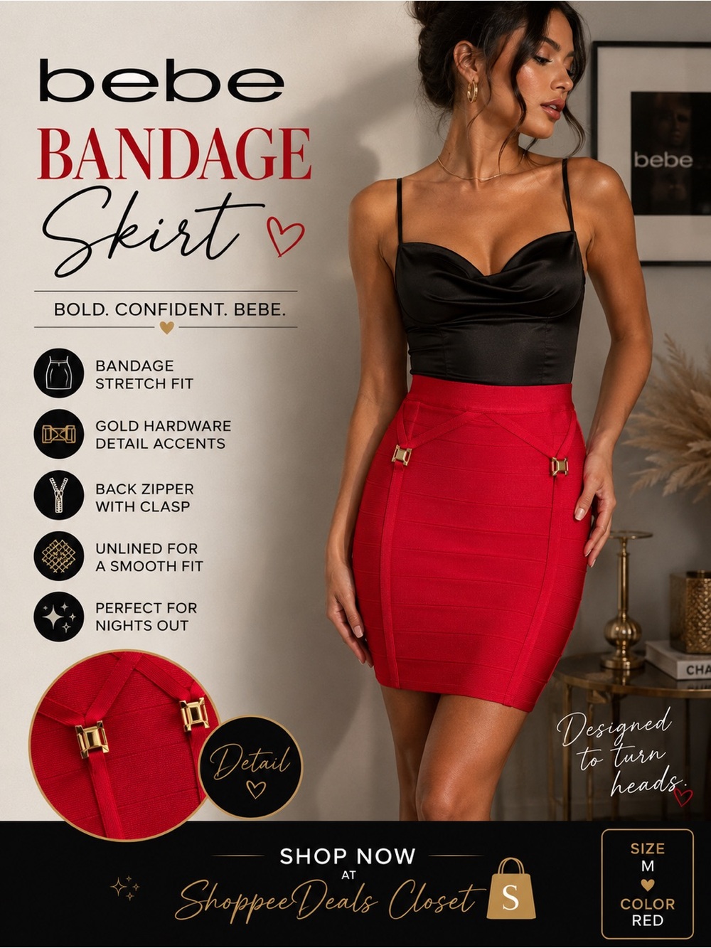 Bebe Red Bandage Mini Skirt Gold Hardware Detail Size M
